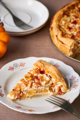 Piece of quiche with pumpkin and tomatoes