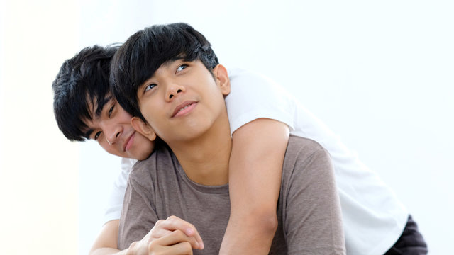Close up of young asian gay man couple in happy moment, Happy asia homosexual boy, People diversity love lifestyle, LGBTQ pride concept