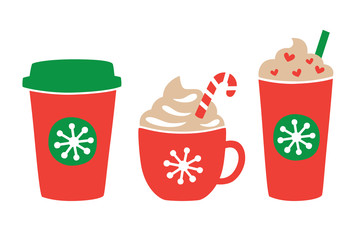 Vector illustration of Christmas holiday drink including hot and iced coffee. Peppermint chocolate drink.