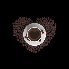 Coffee Beans in the Shape of Heart Isolated Black Banner Background, Easy Crop Banner