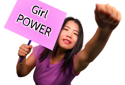 Young Beautiful Feminist Asian Chinese Woman Holding Protest Billboard With Girl Power Text Standing For Women Rights And Gender Equality Activism Isolated On White