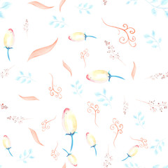 Seamless pattern with pink hellebore flowers, buds, leaves, decorative twigs on white isolated . Watercolor illustration, handmade.