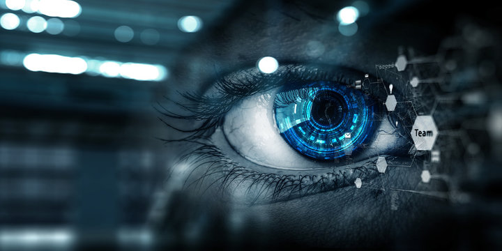 Close up of woman eye and media. mixed media