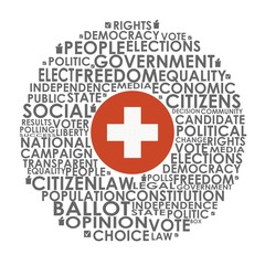Obraz premium Words cloud relative for voting. Circle frame. Flag of the Switzerland