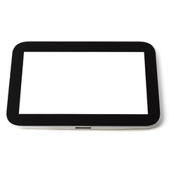 Tablet computer on white background, black frame, white screen, isolated.