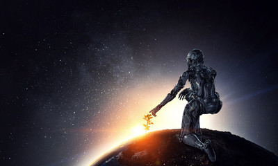 Fototapeta premium Cyborg woman as concept of creation. Mixed media