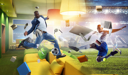 Soccer man in action with ball. Mixed media