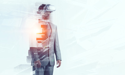 Businessman in virtual mask. Mixed media