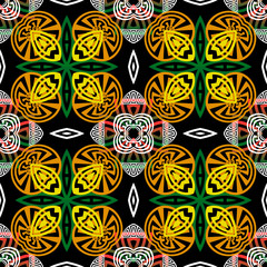 Colorful greek vector seamless pattern. Abstract ethnic style floral background. Repeat decorative tribal backdrop. Greek key meanders beautiful ornaments. Symmetrical ornate design. Endless texture.