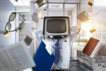 Monitor headed businessman. Mixed media