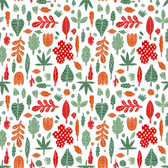 Nature seamless pattern  plant abstract naive style.Botanical hand drawing.