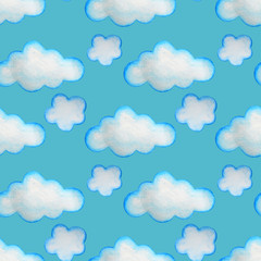 Watercolor seamless pattern with stars, clouds and moon. Hand drawn illustration. Decor for kids textile and wallpapers.