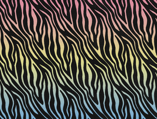 Multi-Color pastel Zebra fur skin pattern, zebra hairy background, black and rainbow pastel texture, smooth and soft, design the graphic. Animal print concept.