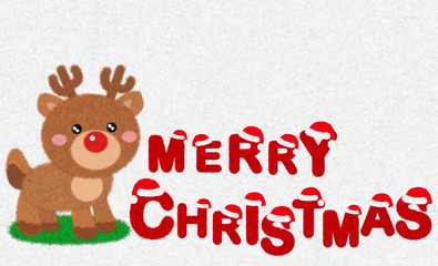 Cute Reindeer with Merry Christmas animation character drawing with fur and feather brush isolated in white fur winter background use for invitation card has copy space for Christmas holiday concept.