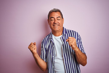 Fototapeta premium Handsome middle age man wearing striped shirt standing over isolated pink background very happy and excited doing winner gesture with arms raised, smiling and screaming for success. 