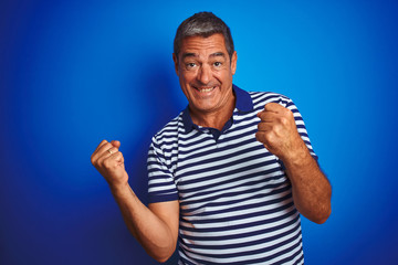 Fototapeta premium Handsome middle age man wearing striped polo standing over isolated blue background very happy and excited doing winner gesture with arms raised, smiling and screaming for success. 
