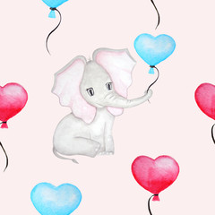 Cute elephant with ballon. Seamless pattern with heart.