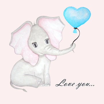 Cute elephant with ballon. Card love you.