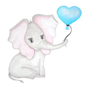 Cute elephant with flower. Watercolor hand drawn illutration. Isolated on white background. Decor for greeting card, kids textile and wallpapers.