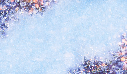 Flat lay winter nature christmas background with frozen spruce branch with glitter lights, bokeh,...