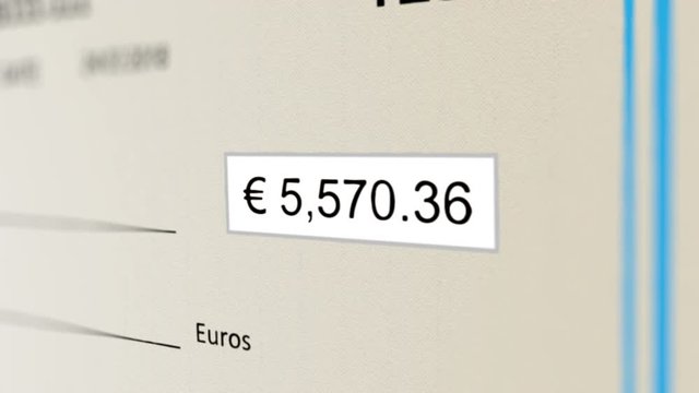 Counter Increasing in Check(Cheque) for Payment (Euro currency). Seamless Loop