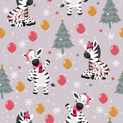 Christmas seamless pattern with zebra background, Winter pattern with happy zebra, wrapping paper, pattern fills, winter greetings, web page background, Christmas and New Year greeting cards