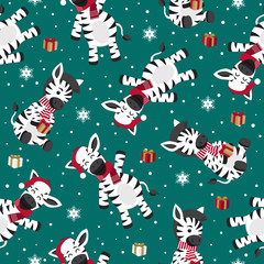 Christmas seamless pattern with zebra background, Winter pattern with happy zebra, wrapping paper, pattern fills, winter greetings, web page background, Christmas and New Year greeting cards