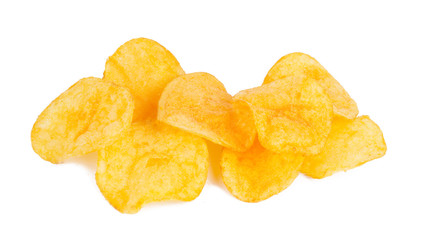 group of tasty yellow Potato chips isolated on white background