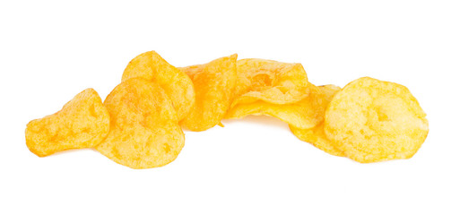 group of tasty yellow Potato chips isolated on white background