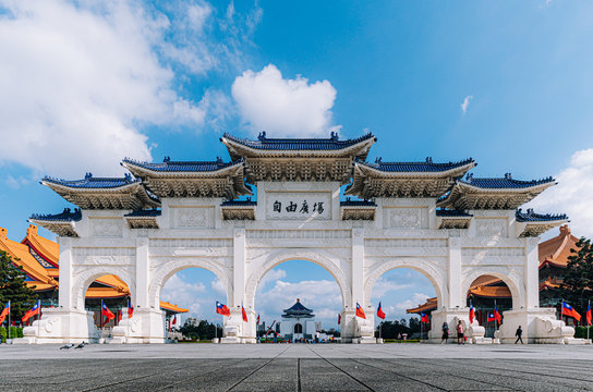 The main gate of National Chiang Kai-shek Memorial Hall is a national monument landmark.It is located in Zhongzheng District