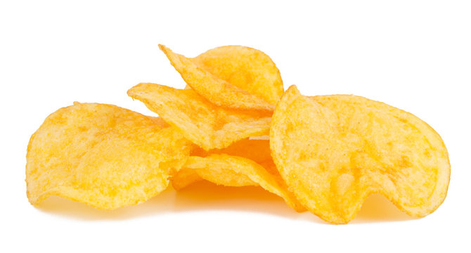 group of tasty yellow Potato chips isolated on white background