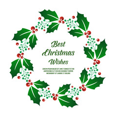 Lettering text of best christmas wishes, with drawing of red floral frame and green leaves vintage. Vector