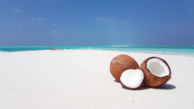 Couple of brown coconut on white sandy beach with turquoise sea background in Greece - Steady Shot