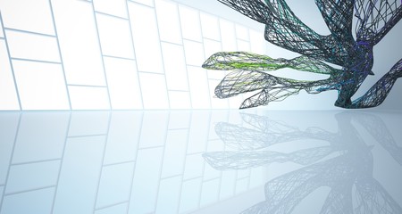 Abstract smooth architectural black and gradient colored wire gloss interior  with large windows. 3D illustration and rendering.