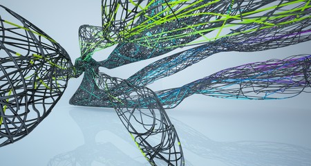 Abstract smooth architectural black and gradient colored wire gloss interior  with large windows. 3D illustration and rendering.