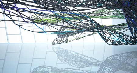 Abstract smooth architectural black and gradient colored wire gloss interior  with large windows. 3D illustration and rendering.