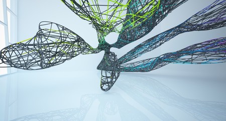 Abstract smooth architectural black and gradient colored wire gloss interior  with large windows. 3D illustration and rendering.
