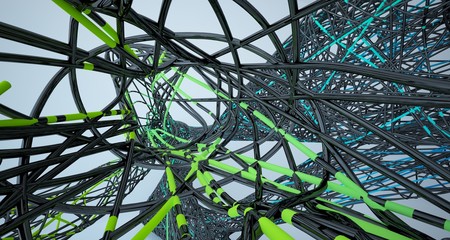 Abstract smooth architectural black and gradient colored wire gloss interior  with large windows. 3D illustration and rendering.