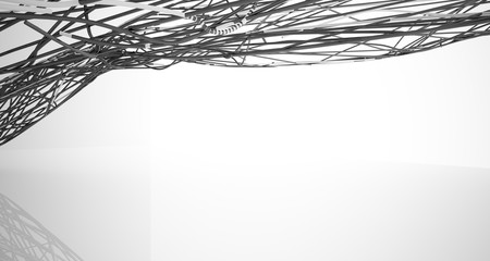 Abstract smooth architectural white and wire black gloss interior  with large windows. 3D illustration and rendering.