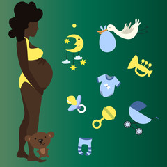 Flat illustration of a pregnant woman with baby elements