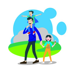 Father, daughter and son holding hands together in green park enjoy holiday in father's day theme vector design