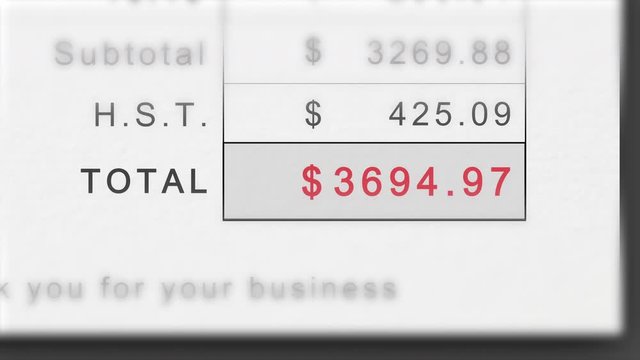 Static animation of a growing invoice total in Canadian Dollars with HST. Total costs animate ever higher. Total in red.