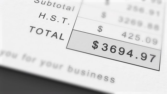 Animated growing invoice total in Canadian Dollars including HST. Costs grow infinitely.