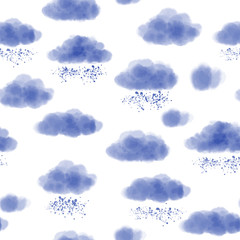Vector illustration with the image of blue clouds and precipitation on a white background. Can be used for printing fabrics, bedding and gift paper.