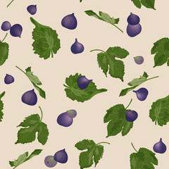 Vector illustration with fruits, branches and leaves of a fig tree. Seamless pattern. Figs Can be used for printing fabrics, bedding, wallpaper and gift paper.