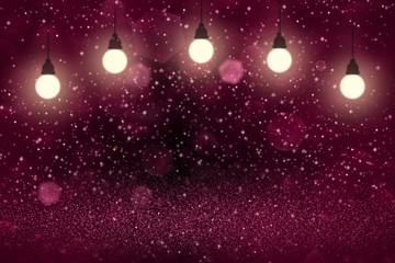Fototapeta na wymiar pink wonderful shiny glitter lights defocused light bulbs bokeh abstract background with sparks fly, festive mockup texture with blank space for your content