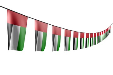 beautiful day of flag 3d illustration. - many United Arab Emirates flags or banners hanging diagonal with perspective view on string isolated on white