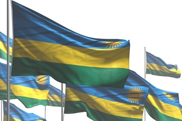 beautiful independence day flag 3d illustration. - many Rwanda flags are waving isolated on white