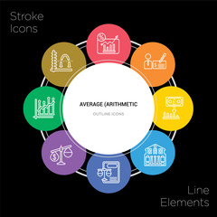 8 average (arithmetic concept stroke icons infographic design on black background