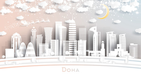 Doha Qatar City Skyline in Paper Cut Style with Snowflakes, Moon and Neon Garland.